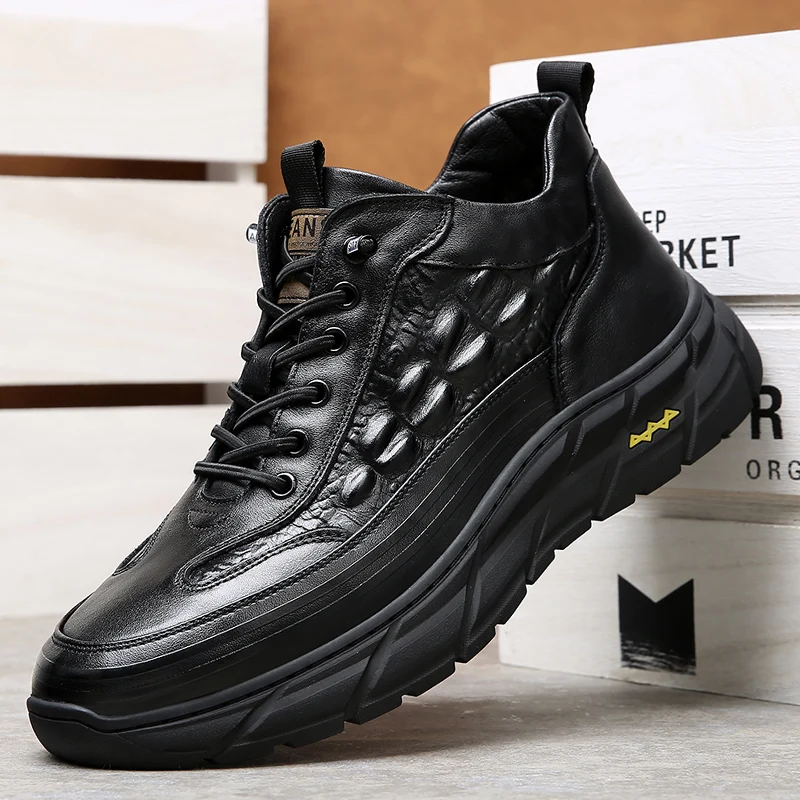 Anti Slip New First Layer Cowhide Men Shoes Sneakers Casual Shoes Men Classic Black Sport Sneeker Fashion Lace Up High Top Shoes