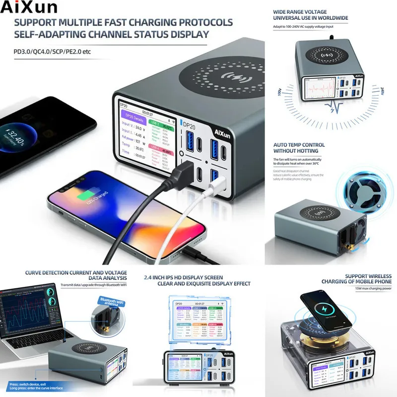 شحن سريع ذكي لسطح المكتب Aixun DP20 يدعم الشحن اللاسلكي للهواتف المحمولة، مع أقصى قوة شحن بقدرة 15 وات. #1