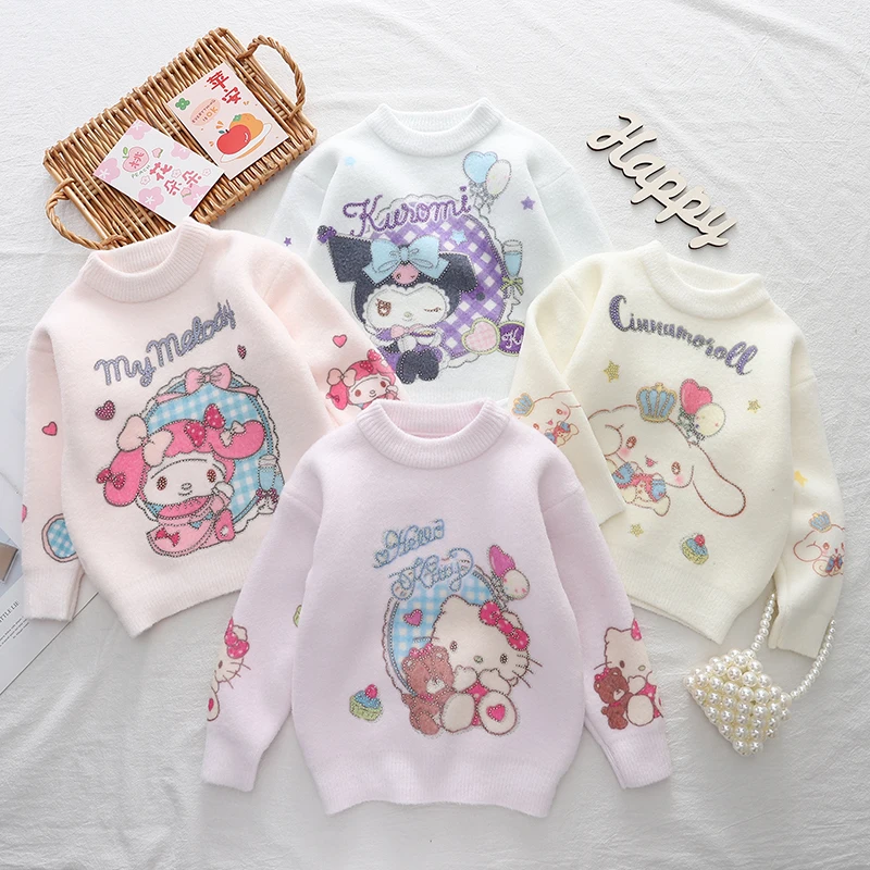 

Winter Hello Kitty Melody Sweater for Kids Cinnamoroll Autumn Crew Neck Knit Pullover Girs Japan Warm Knitwear Fashion Sweater