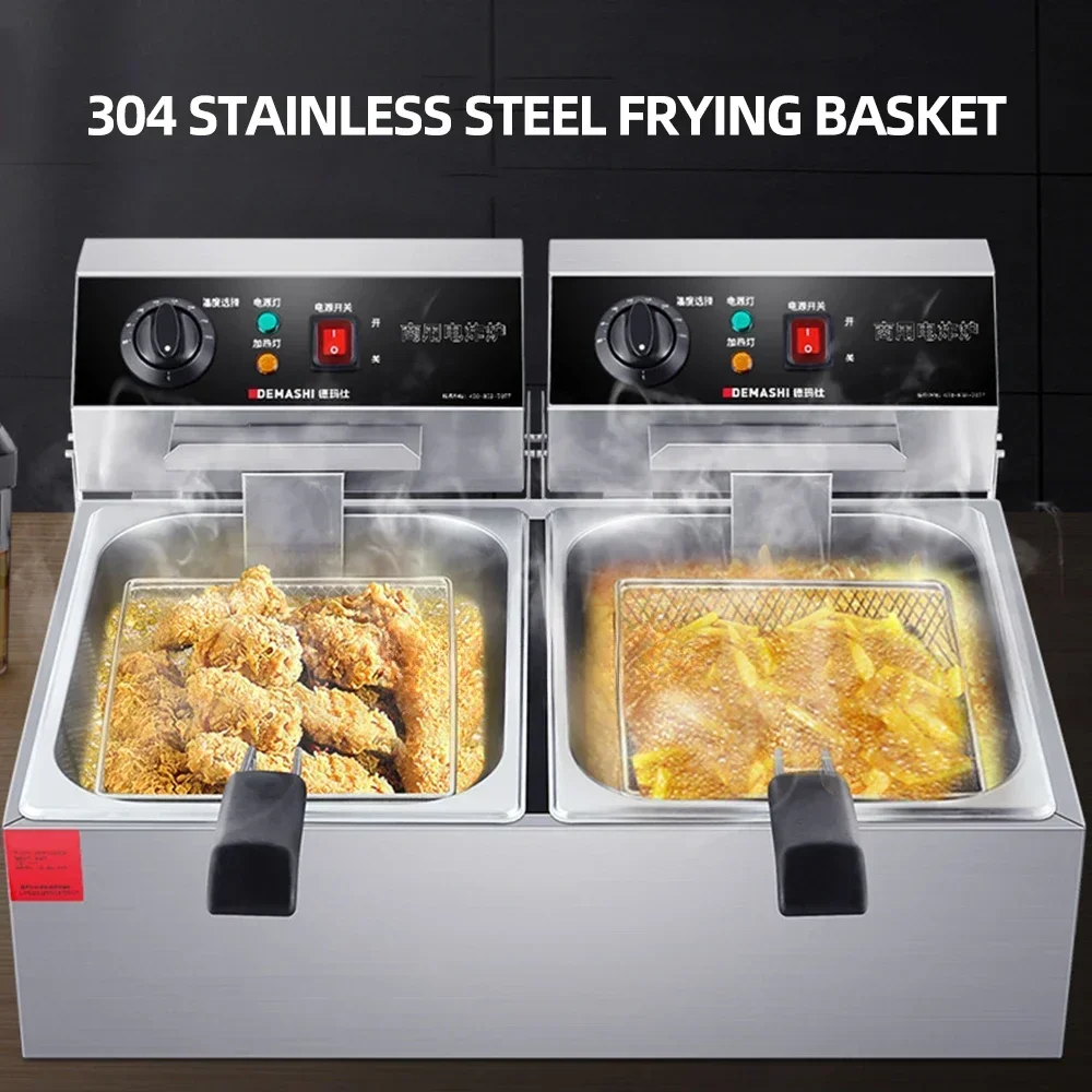 Double Deep Fryer Stainless Steel Electric Fryer Commercial Countertop Chicken French Fries Frying Chips Fryer 20L