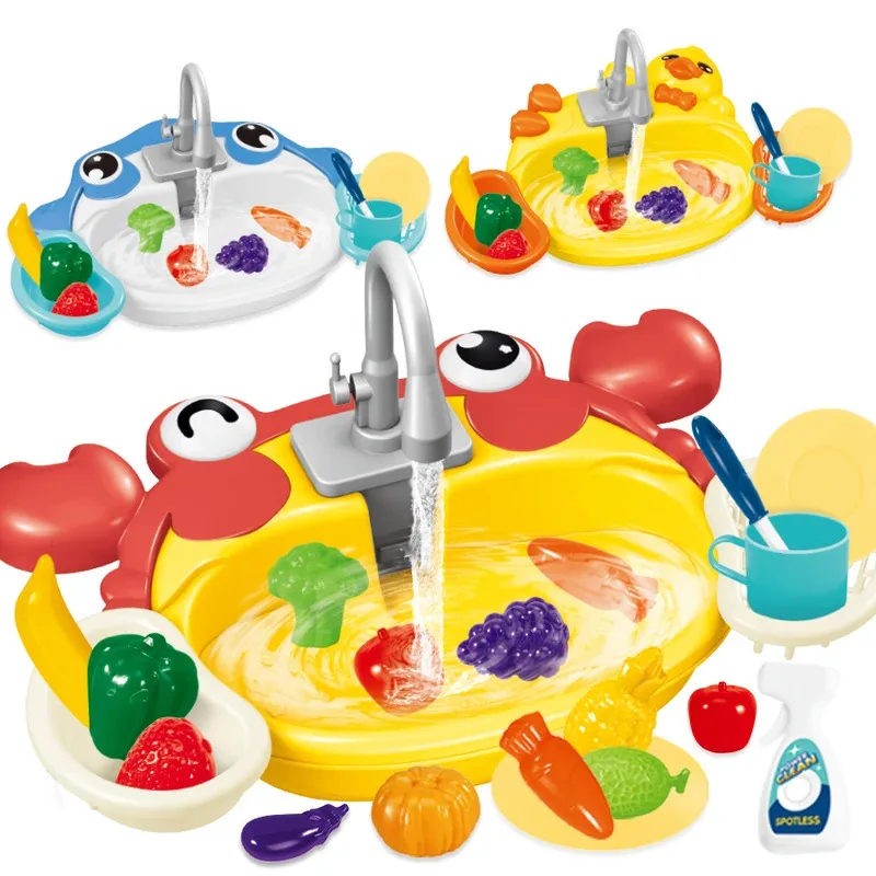 Spielen Sie Küchenspüle-Spielzeug, elektrische Spülmaschine, Spielspielzeug mit fließendem Wasser, Spielen von Essen und Küchenutensilien, Geschenke für Jungen und Mädchen