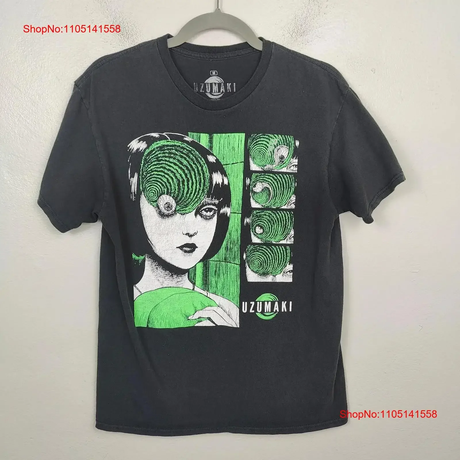 Junji Ito Uzumaki T Shirt Mens Medium Black Green Anime Manga Horror vintage Washed Comfortable Casual Stretched Versatile