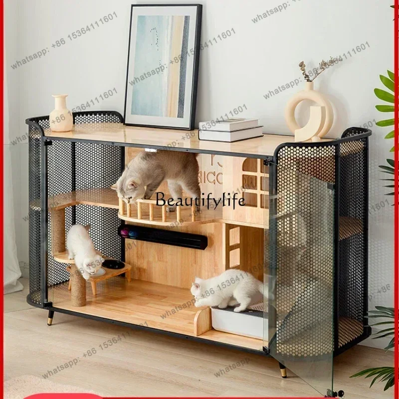 D30*Solid Wood Luxury Large Space Multi-Layer Cat Nest Large Household Indoor with Toilet Integrated