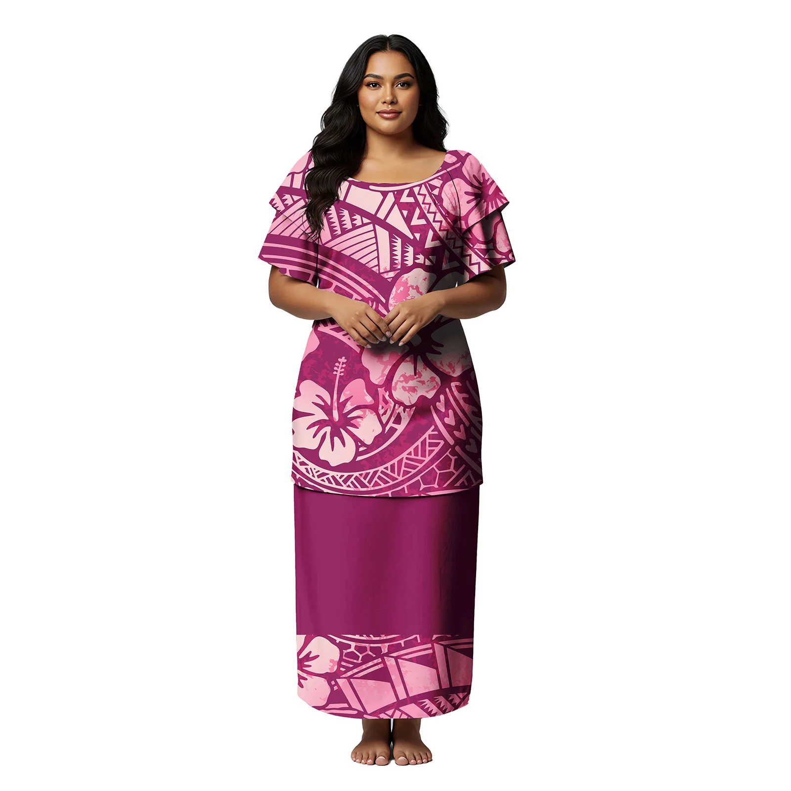 Vintage Design Custom Clothes Women Plus Size Samoan Dresses Polynesian Puletasi 2 Piece Set Hawaiian Casual Prom Skirts Ladies