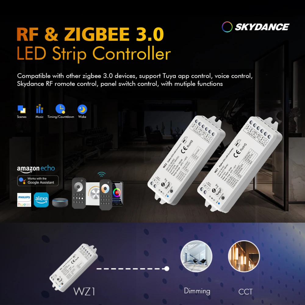 Zigbee-rf 2ch LEDコントローラー,音声インテリジェント調光器,12v,24v,36v,4ゾーンLEDストリップ,日曜大工キット,ワイヤレス,2.4g,rfリモコン