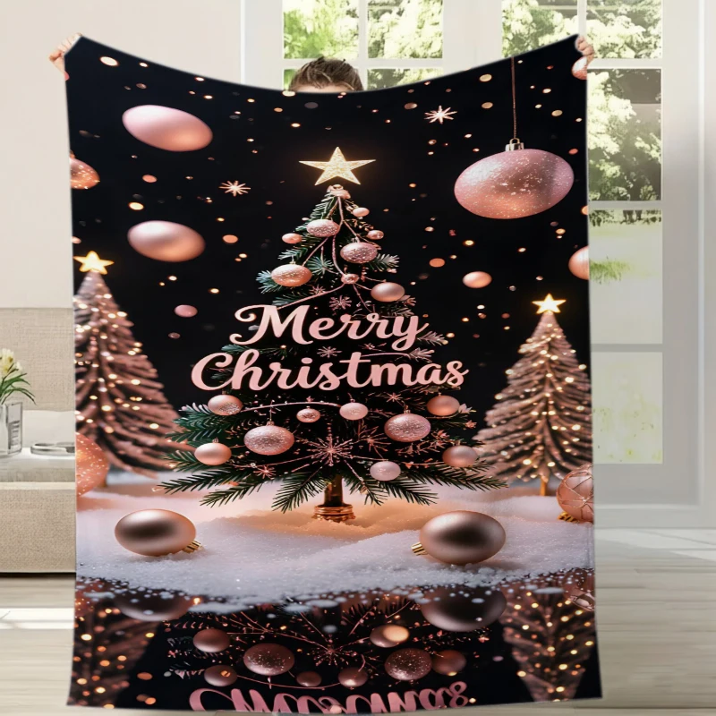 Black Background Christmas Tree Pink Ornament Flannel Blanket For Glamorous Bedroom Decor Soft Warm Throw Blanket Gift