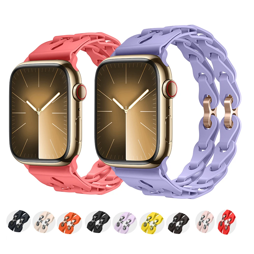 Silicone link Strap For Apple Watch band 44 mm 40mm ultra-2 49 45mm 41mm 38mm 42mm Double Tour bracelet series 9 8 7 6 5 4 3 se