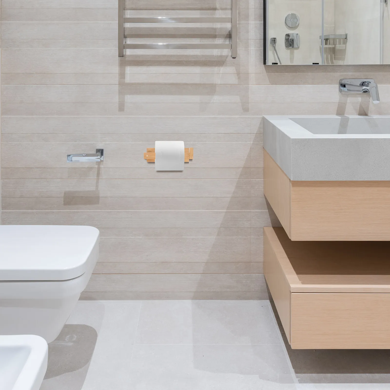 

Bamboo Toilet Tissue Holder for Bathroom Multifunctional Toilet Paper Towels Storage Easy Install Bamboo Bathroom Shelf
