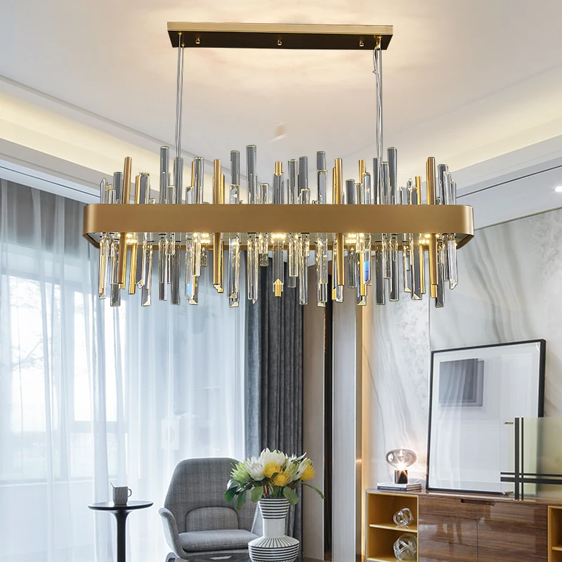 

Rectangle modern crystal chandelier for dining room gold home decor hanging light fixture luxury kitchen island led cristal lamp