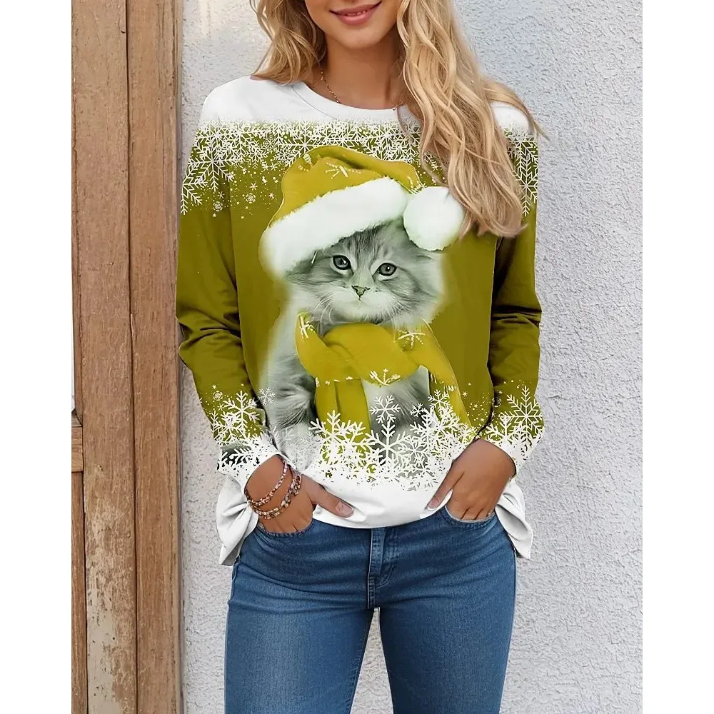 Cat Funny Pattern Women Christmas T-Shirts Long Sleeve Christmas Snowflakes 3D Printed Street Ladies 3XL Plus Size Casual Tops