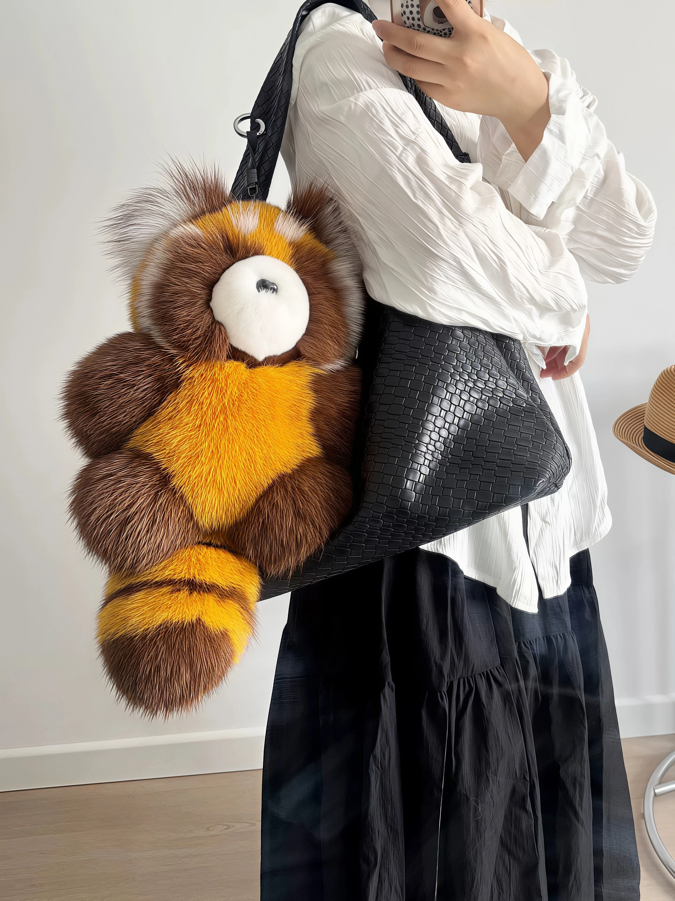Oversized Fox Fur Raccoon Plush Doll Backpack Charm Women Fashion Fluffy Stuffed Toy Pendant Luxury Real Fur Birthday Gift