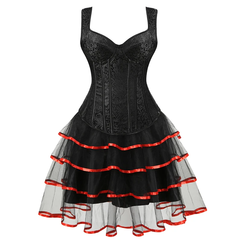 Gothic Corset Dress Plus Size Corset with Straps Mini Skirt Lace Women Costume Carnival Jacquard Corset Dress