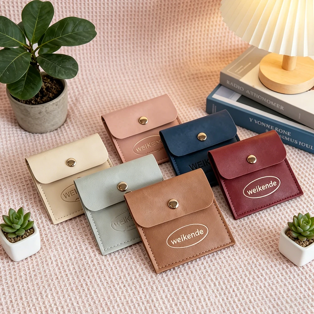 

100Pcs Leather Jewelry Bag for Necklace Snap Button Pouch Ring Brooch Earphone Perfume Key Small Storage Packaging Custom Logo