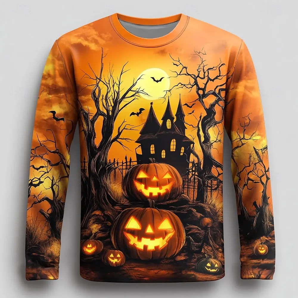 

2025 Fall Halloween Pumpkin Print Long Sleeve T-Shirts For Men Vintage Streetwear Casual Tops Halloween Theme Casual Tees Winter