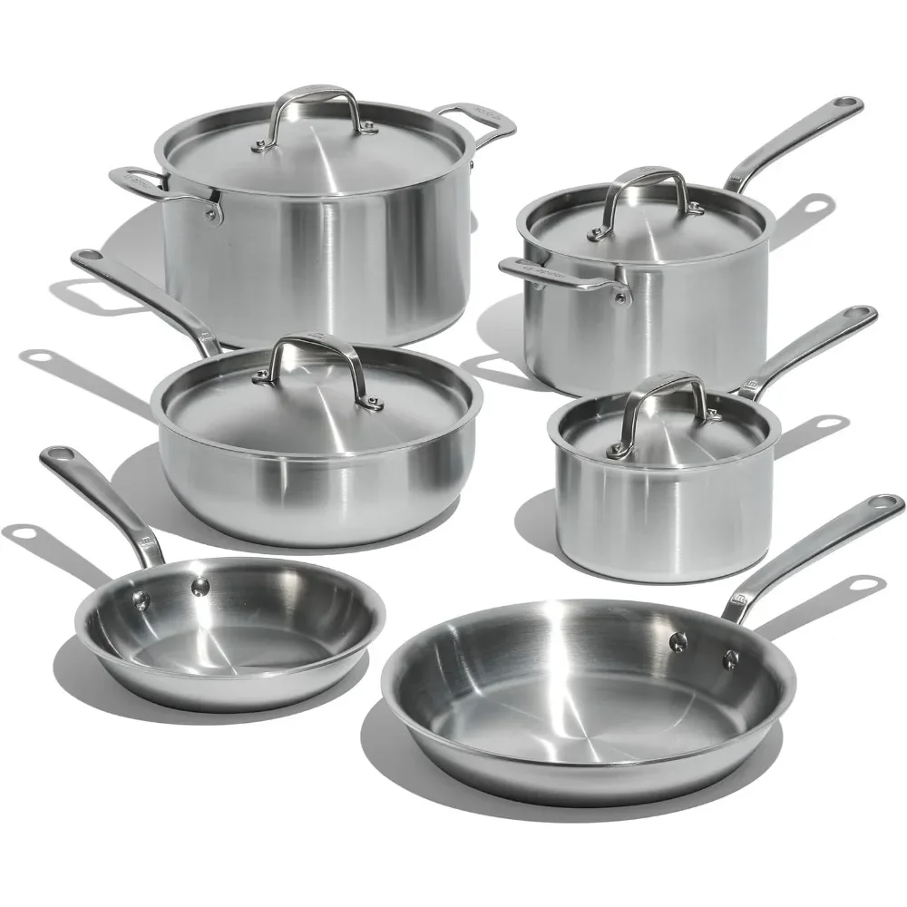 Cookware - 10 Piece Stainless Steel Pot and Pan Set - 5 Ply Clad - Includes Stainless Steel Frying Pans, Saucepans