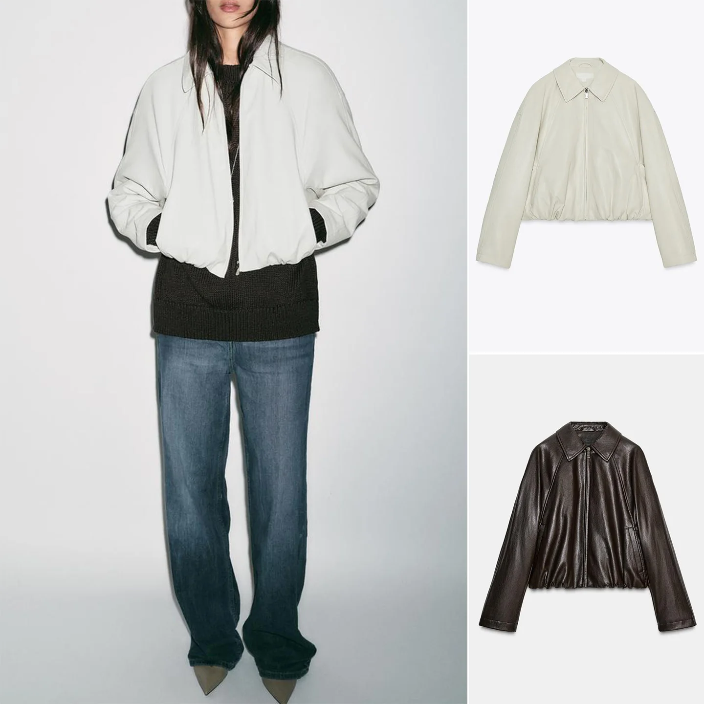 レディース秋冬PUレザージャケット、パイロットジャケット、ロング丈、折り返し襟、ルーズフィット、ファッショナブルなレディースコート