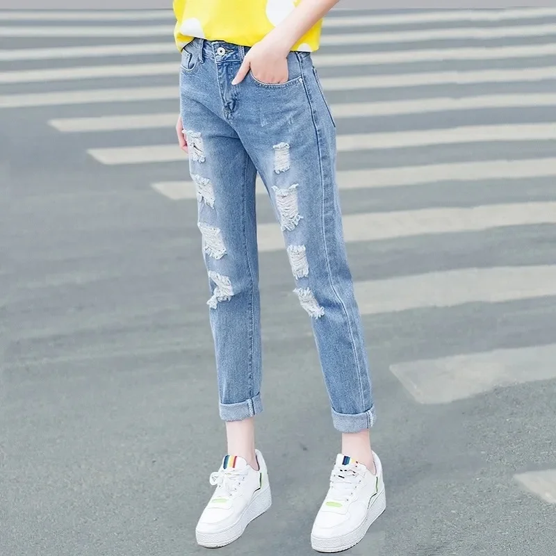 

Large Size Female Hole Cowboy Trousers Women New High Waisted Wide Legs Denim Pants Korean Ladies Nine Point Harlan Ripped Jeans