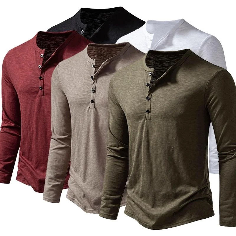 Henley Men\'s Cotton Linen Shirt Breathable Casual T-Shirts High-End Long Sleeve Male Clothing