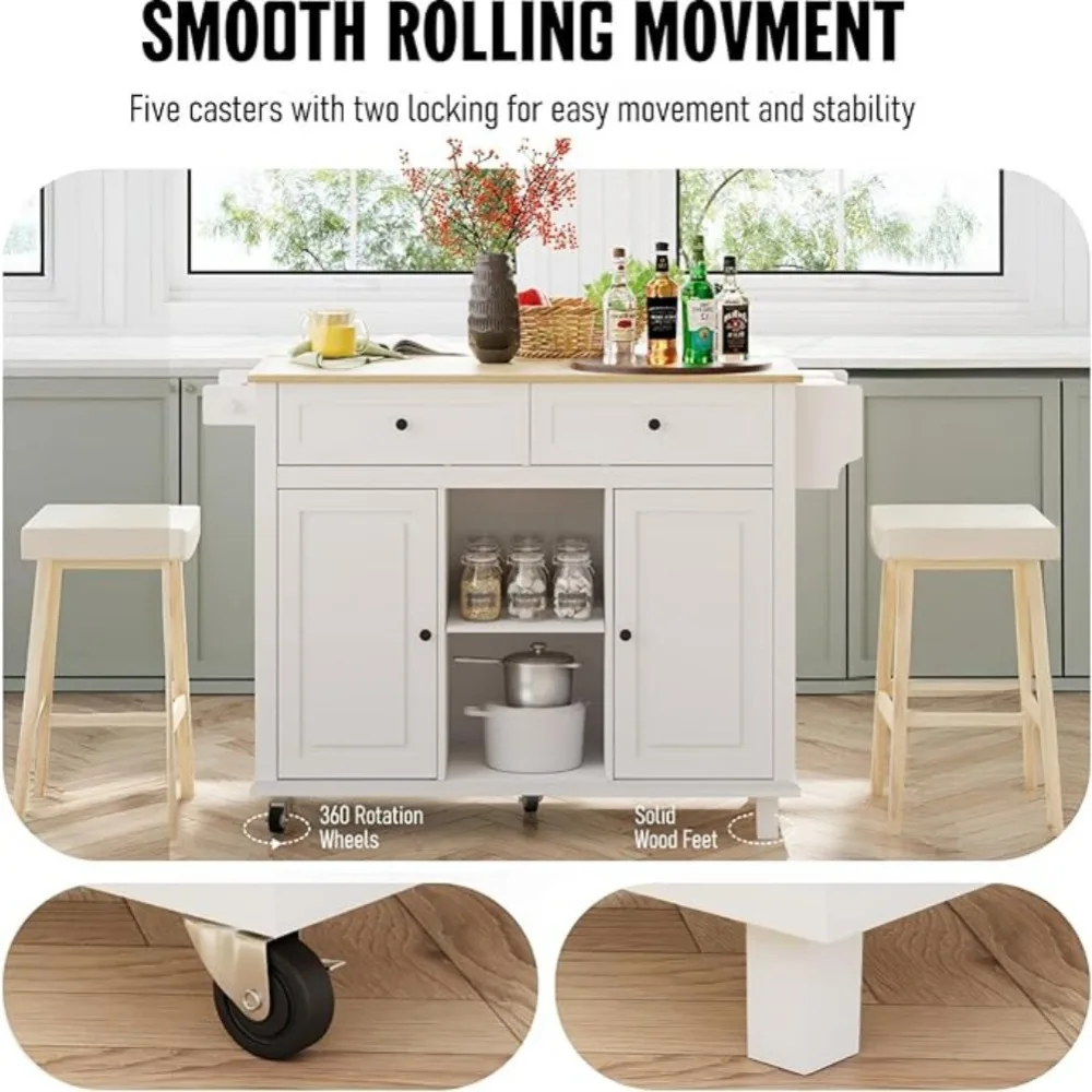 53 Inch Large Rolling Kitchen Island , Mobile Kitchen Islands Cart with  Open-Shelf, Bamboo Countertop Islands Table