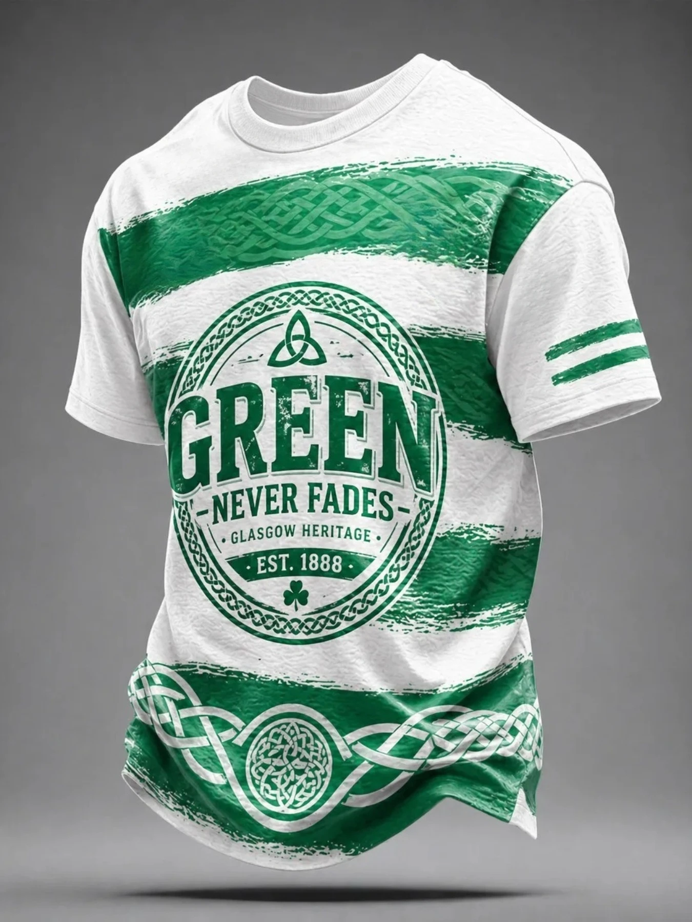 Men's Green, Colorfast Celtic Knot Pattern Short-Sleeved T-Shirt, Irish Shamrock Traditional Casual Street Style T-Shirt.