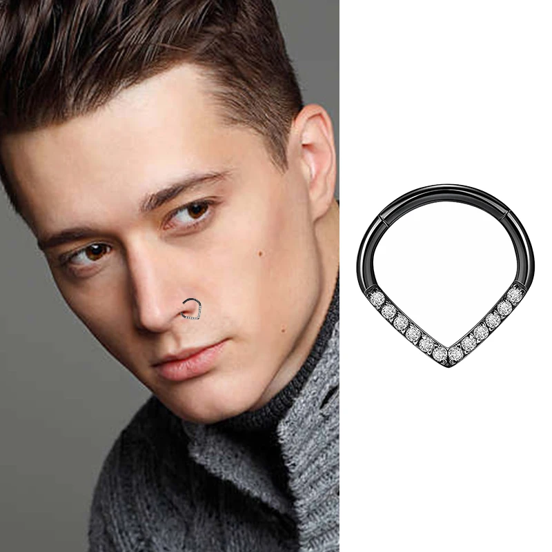 1PC G23 Titanium Hoop CZ Heart Septum Helix Piercing Nose Rings Tragus Cartilage Hinged Segment Earrings Perforated Jewelry gift