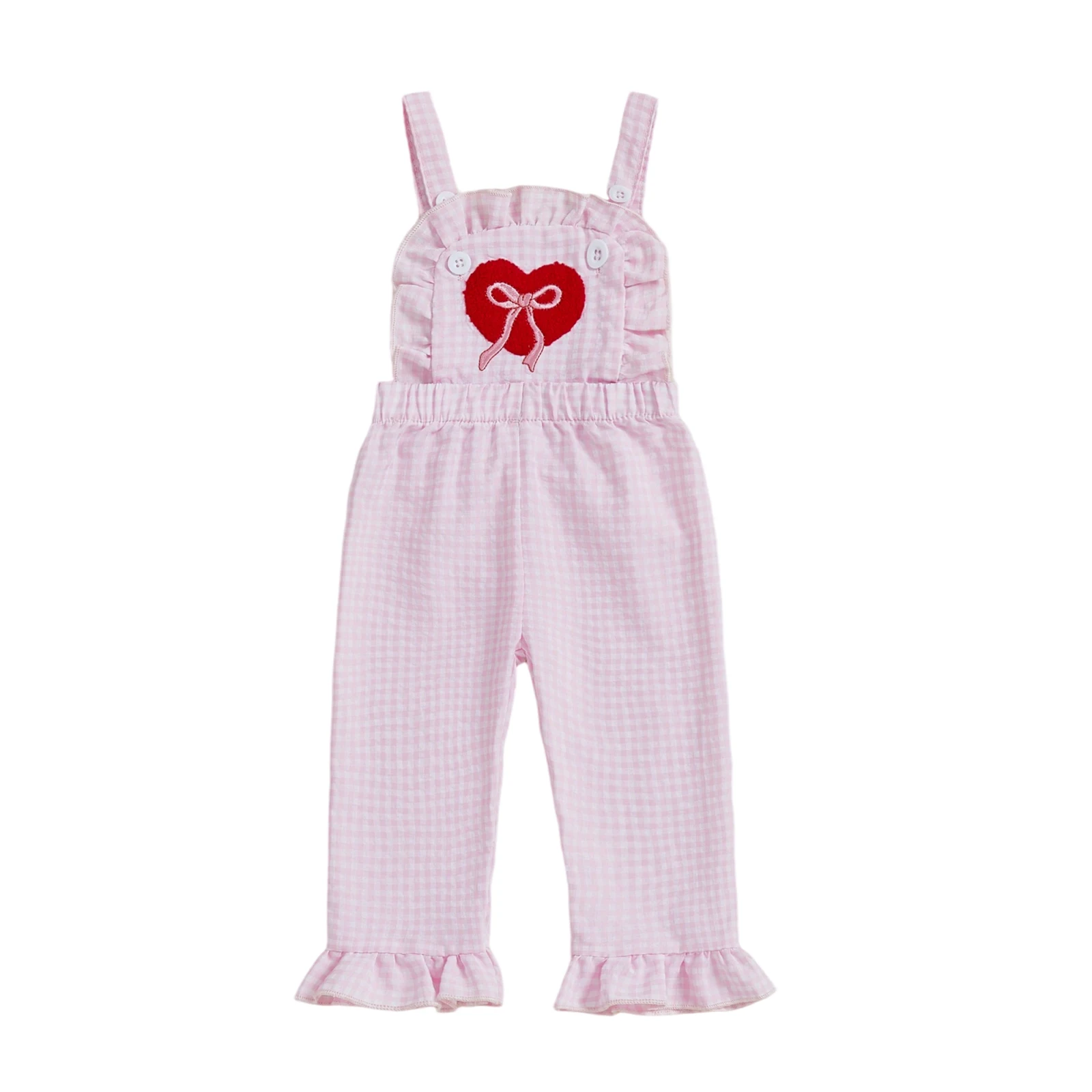 

Клетчатый комбинезон для маленьких девочек, легкий летний комбинезон с аппликацией в виде сердца и оборками