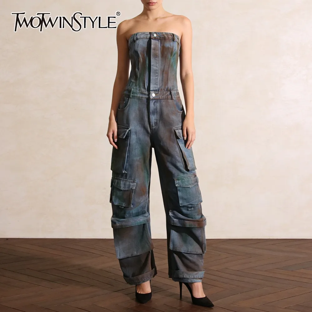 

Женский комбинезон TWOTWINSTYLE с контрастными вставками и карманами, без бретелек, без рукавов, в винтажном уличном стиле, летняя мода