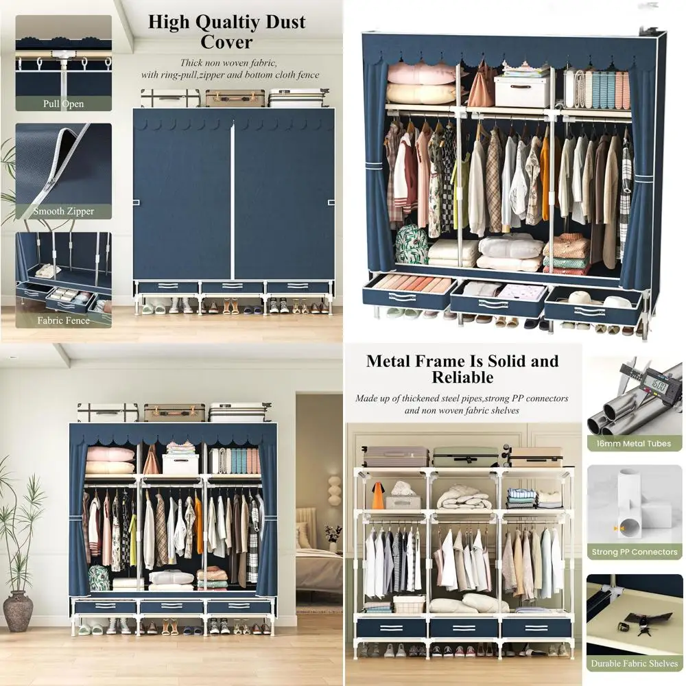 

Portable Wardrobe with Non-Woven Cover, 59-inch Large Simple Hanger Storage Cabinet with 3 Hanging Rods, 3 Drawers and 3 Storage