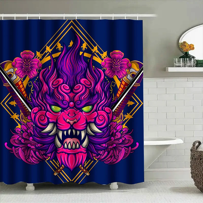 

Tuniu Dragon Warrior Shower Curtain Fierce Japanese Demon Art Red White Floral Wall Decor Bathroom Decor