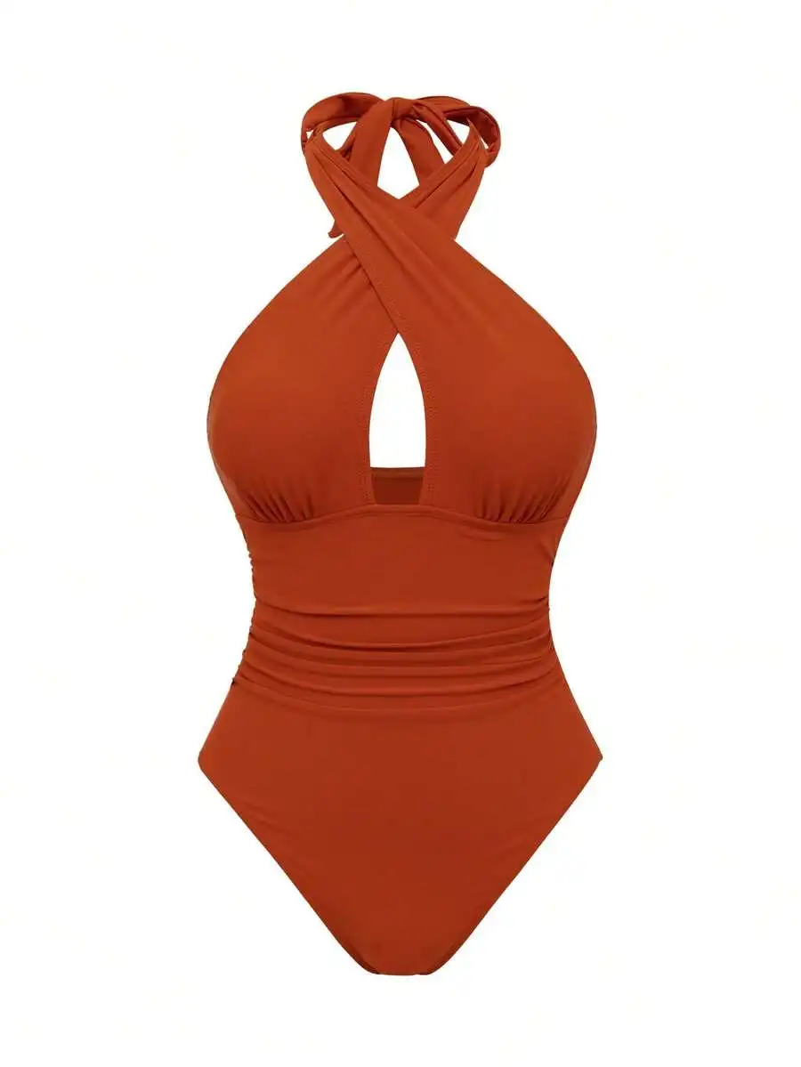 Solid Color Hollow Cross Halter One-Piece Swimsuit For Women