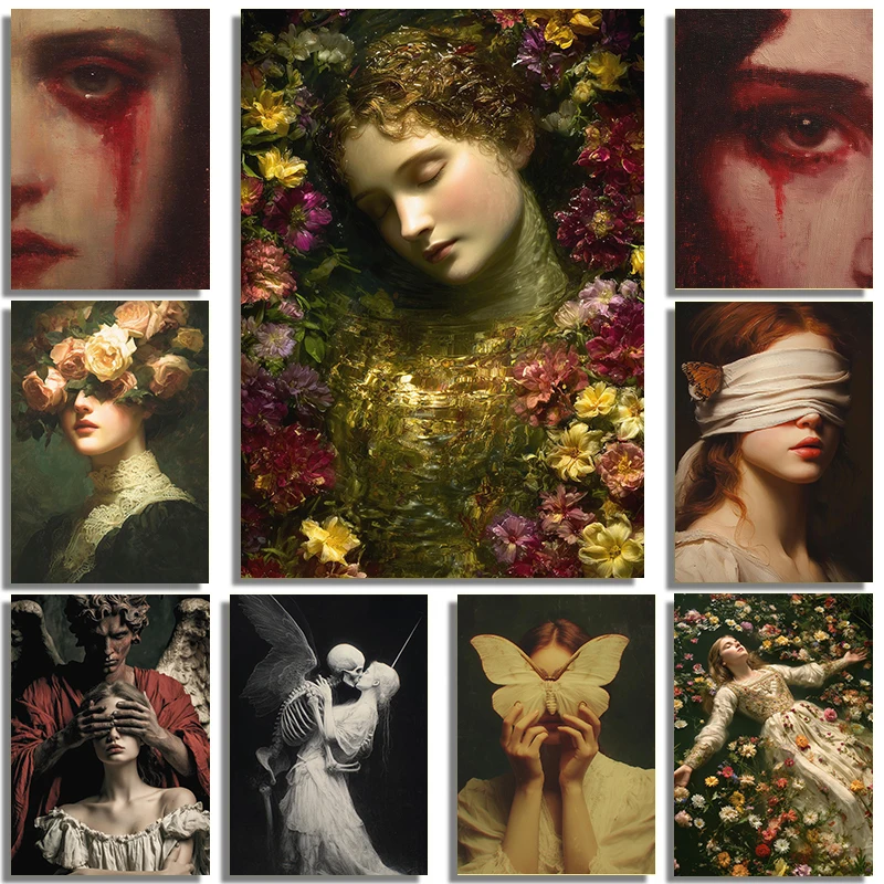 Unrealistische, dunkle, gruselige, melancholische, gotische Ästhetik, Porträts, Ölgemälde, Kunstposter, Leinwanddruck, Galerie, Heimwanddekoration