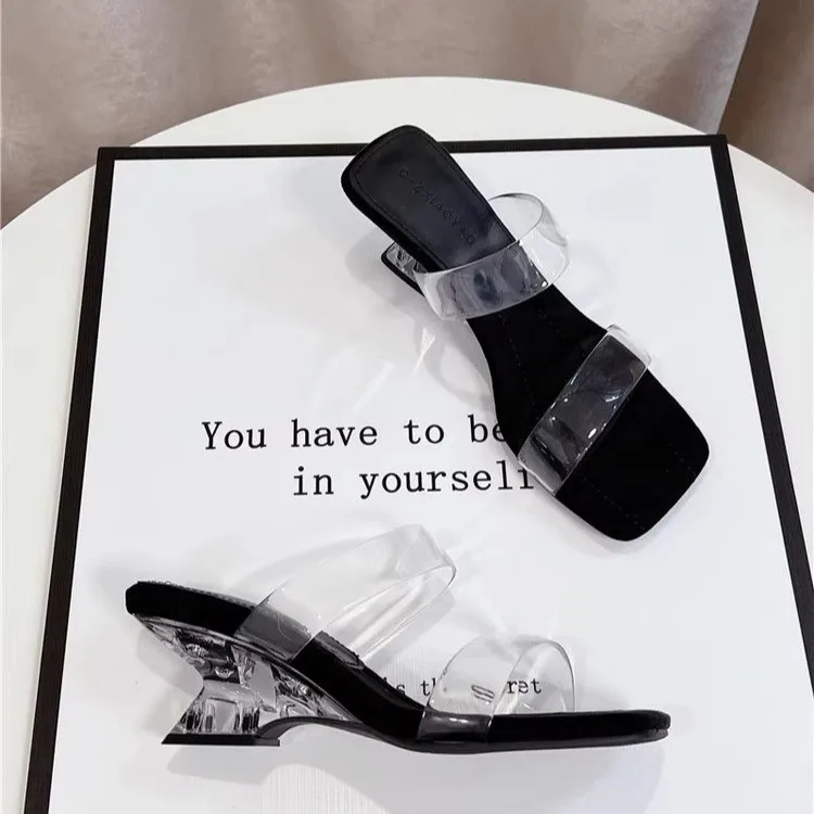 Internet-famous Stylish Slope Transparent Flat Square-toe French-style Summer 2026 New Anti-slip Slippers