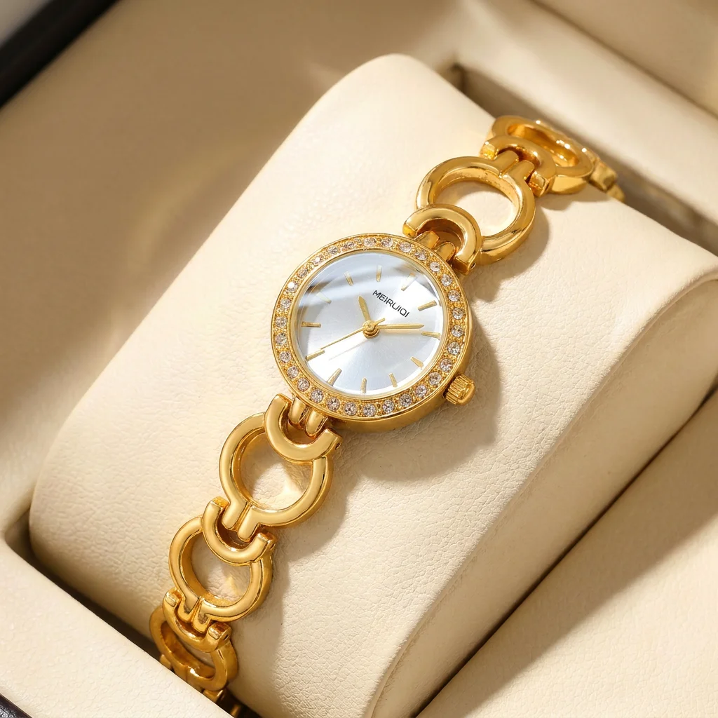 1 Stück Damen-Armbanduhr mit weißem Zifferblatt, Legierungsarmband, Vintage-Stil, schlankes Armband, Strassdetails, Quarzuhr für Business-Partys, Feiertage