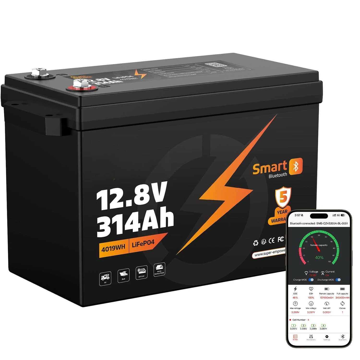 

12.8V 314Ah LiFePO4 Lithium Battery with Bluetooth, 200A BMS, 15,000+ Deep Cycles, Low-Temperature Protection for, Customized