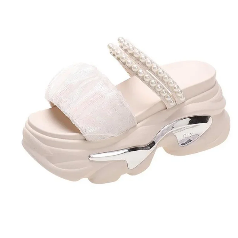 Sandalias de verano para mujer, zapatos de playa con cristales, chanclas de tacón de cuña, zapatillas de plataforma alta ostentosas, sandalias exteriores de 8CM