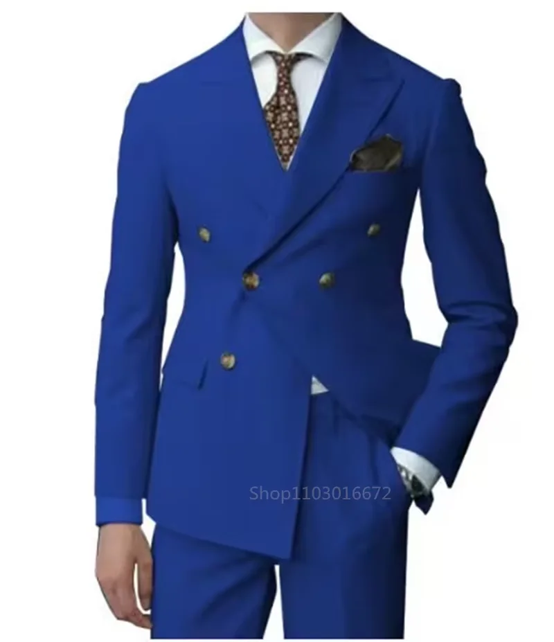 2 قطع الرجال بدل زفاف مجموعة موضة جديدة الرجال بدلة عمل رسمية الذروة التلبيب مزدوجة الصدر السترة بنطلون لحفلة موسيقية