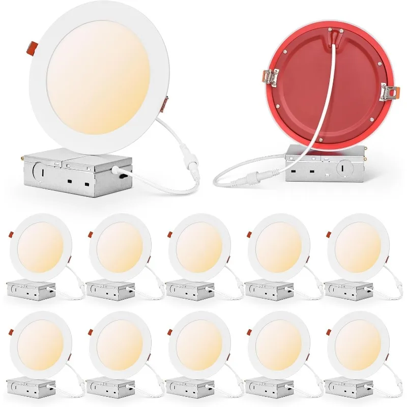 12 Pack 6 Inch 5CCT Adjustable & Dimmable,Fire Rated Recessed Light 2 Hours - Canless Downlight with Junction Box, 12W,