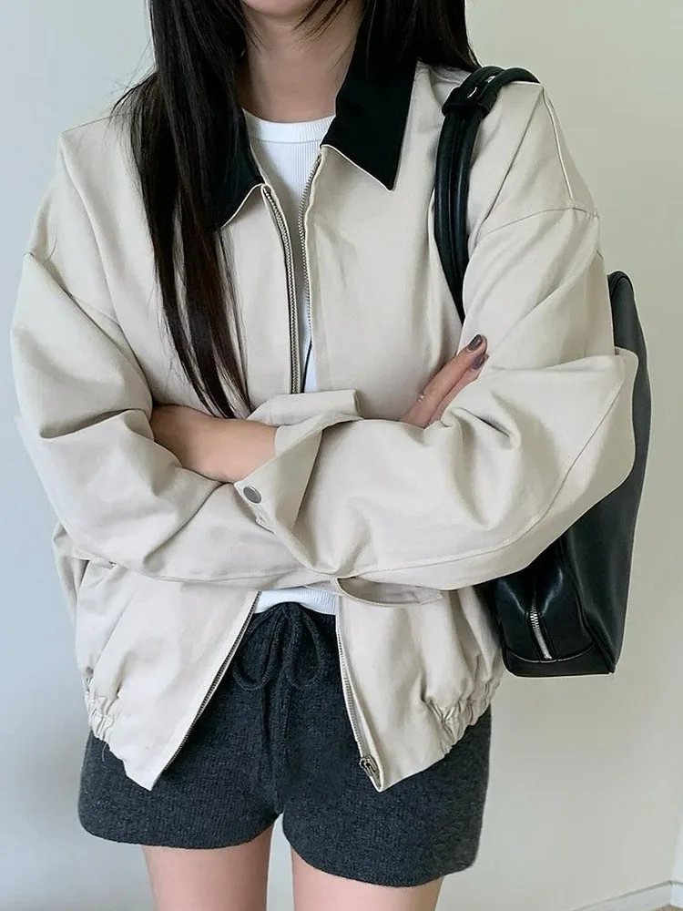 أنيقة الخريف جديد بولي Leather الجلود التباين اللون طوق فضفاض عادية طويلة Sve Jaet ort ملابس خارجية المرأة Faion تخفيف