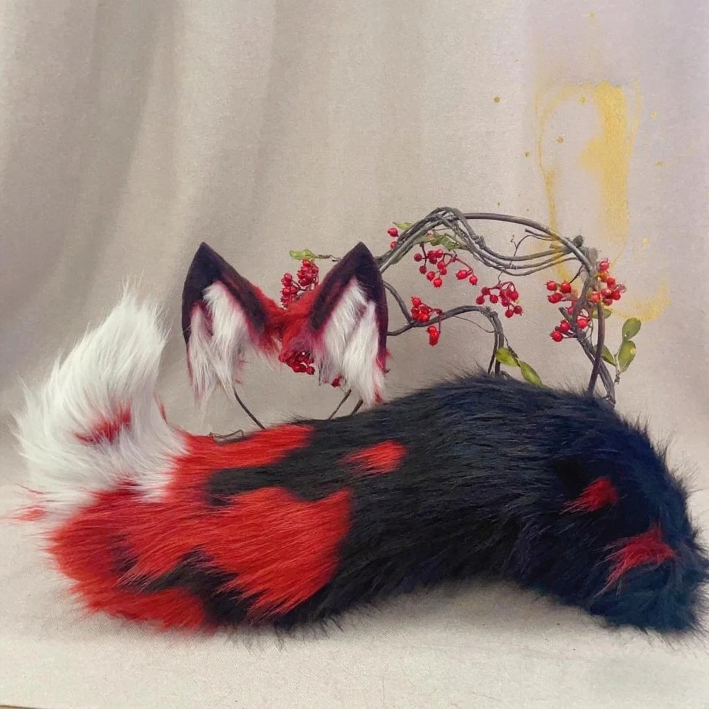 

New Hand Made Work Halloween Blood Wolf King Ears Hairhoop Tail Set Anime DIY Costume Accessories Custom Made Headwear