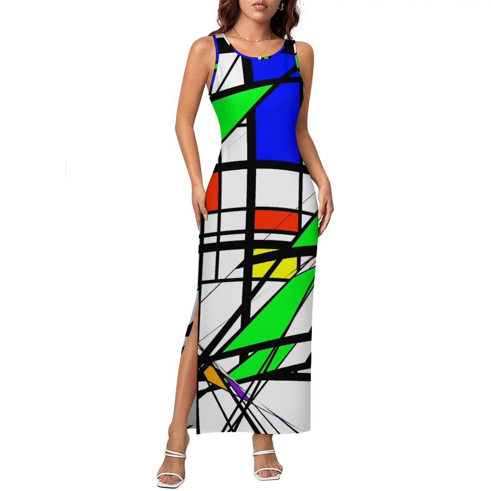 De Stijl Print Bodycon Dress Summer Colorful Geometric Trendy Maxi Dresses Ladies Sleeveless Custom Street Style Dress Big Size