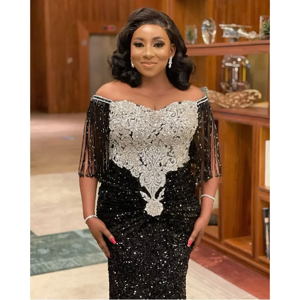 

Elegant African Dresses for Women Sequins Bodycon Evening Wedding Party Gown Tassel Sleeve Ankara Dashiki Maxi Dress Robe Abaya