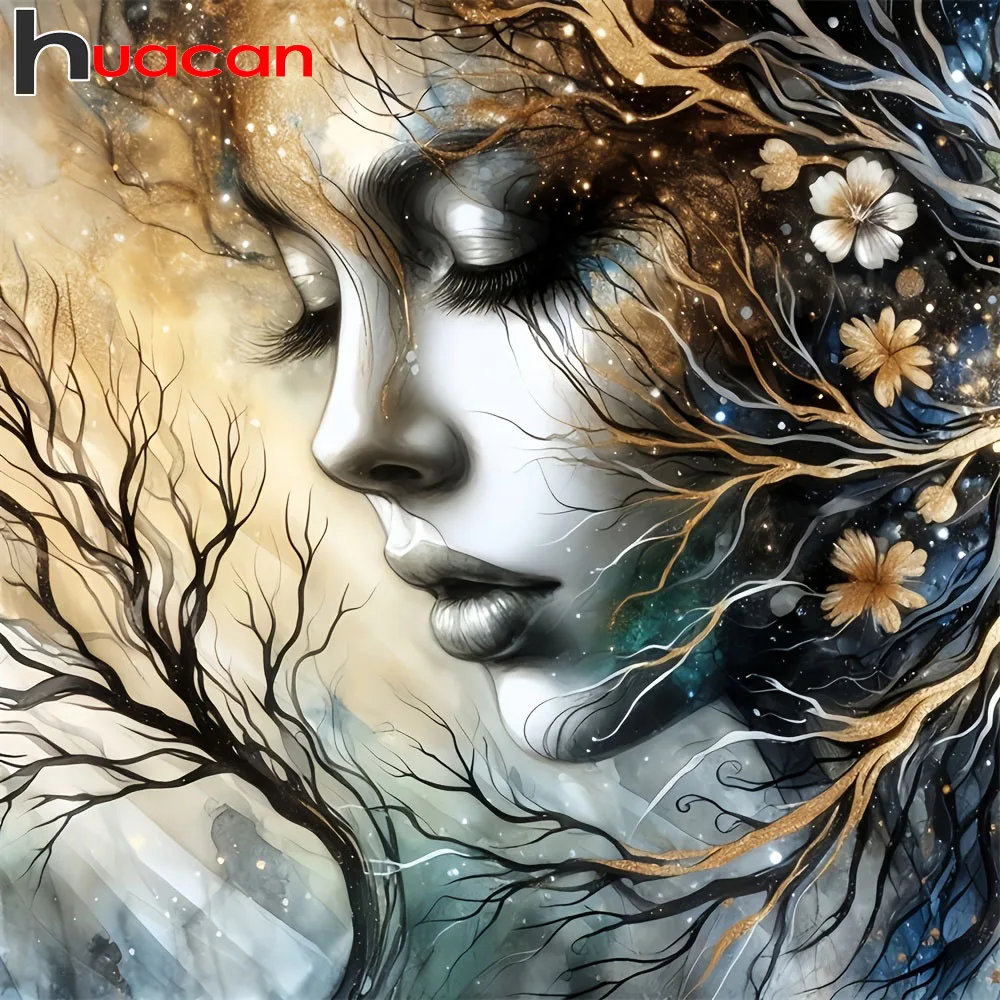 Huacan Full Square Round Diamond Painting Woman Flower Diamond Embroidery Portrait New 2026 Home Decoration