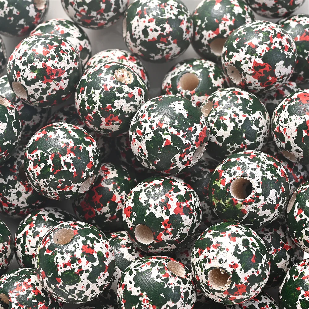 16mm 10 Stück Weihnachts-Holzperlen mit bemaltem Rot-Grün-Splatter-Graffiti, Vintage-Optik, große Löcher für DIY-Bastelarbeiten und Girlandenherstellung – Detail 8