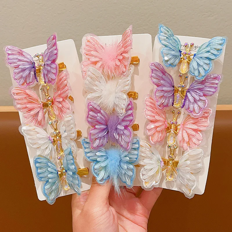 Children\'s Hair Clip With A Moving Butterfly Cute Pink Plush Ball Little Girl Hair Accessories Gold Color Banger Clips Hairpins