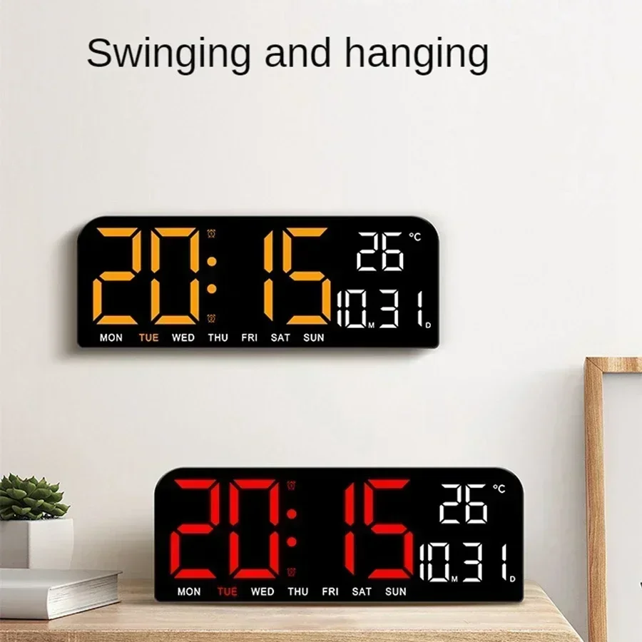 9 Inch Large Digital Wall Clock USB Powered TEMP Humidity Week Auto Dimmer DST Table Clock 12/24H Electronic LED Alarm Clock