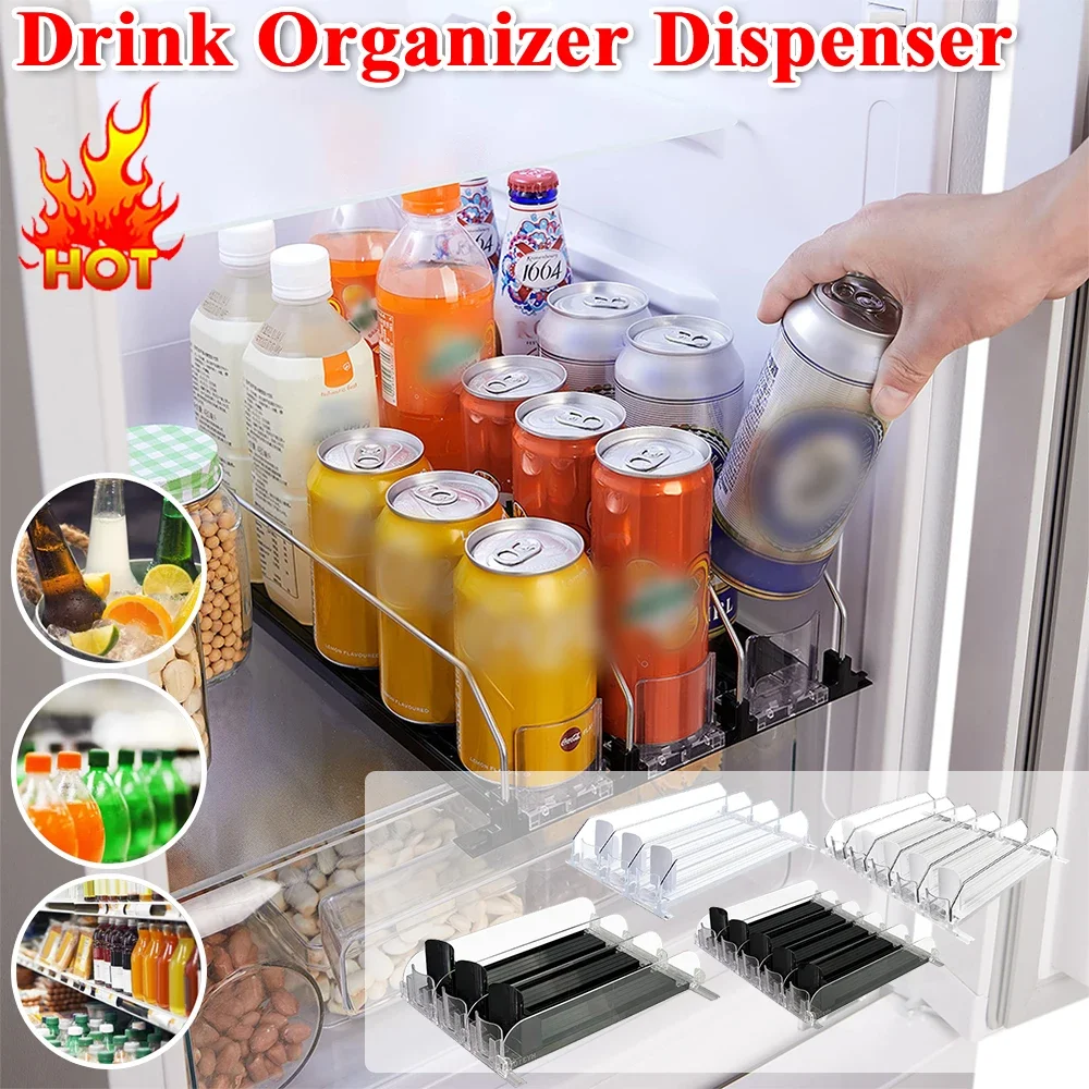 Drink Organizer Dispenser Spring Push Can Shelf Pusher Adjustable Width Soda Can Bottle Pusher E-shaped Glide for Kitchen Fridge