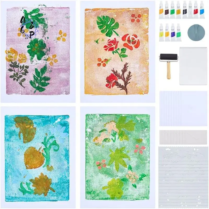 

A68P-10 Sets Gel Printing Plate Kit For Beginner, Complete DIY Printmaking Kit With 8"X 10" Gel Plate,A5 Paper,Paints For Art