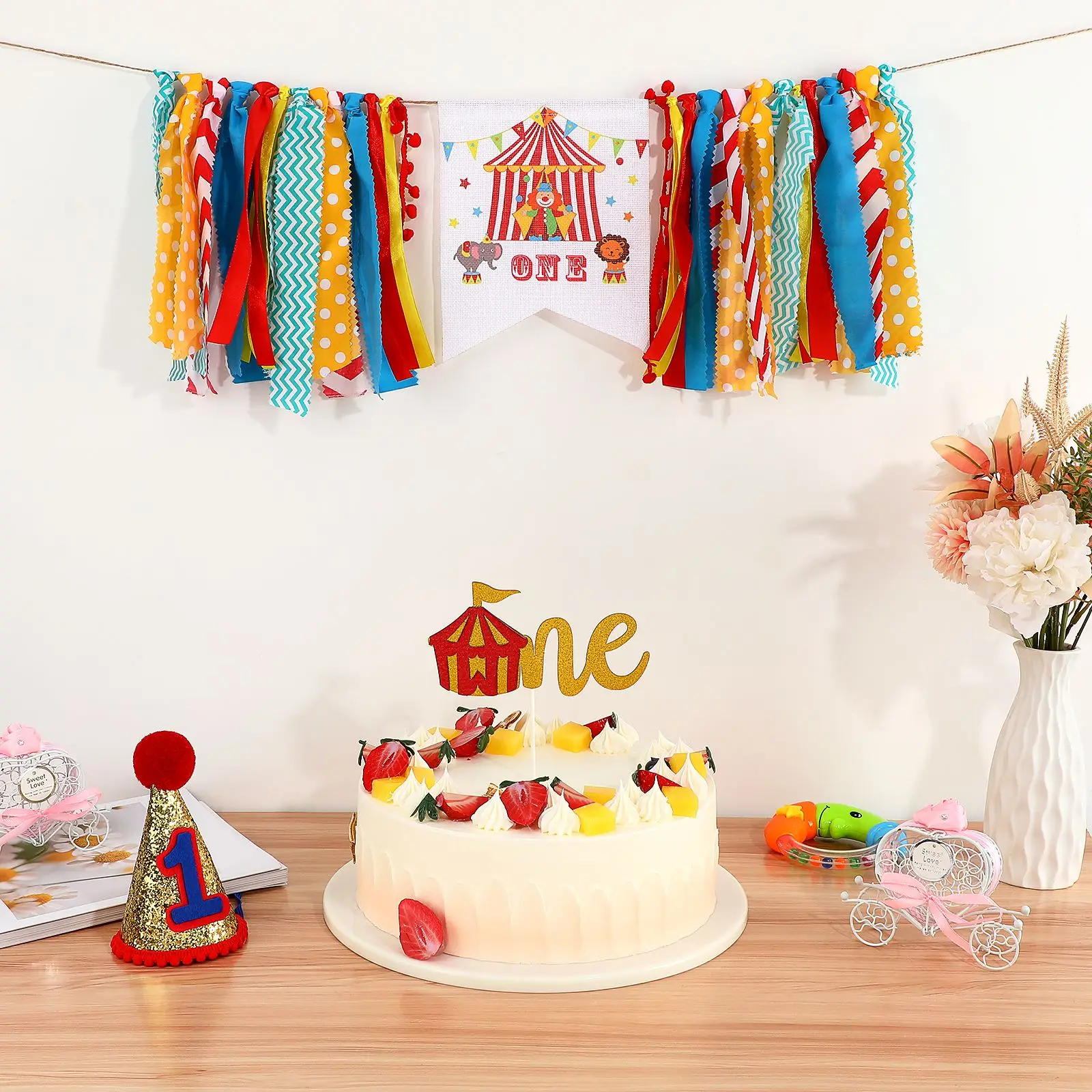 3-teiliges Partyzubehör für den ersten Geburtstag, Zirkus-Karnevalsthema, buntes Banner, Kuchenflagge, Hut, einjährige Geburtstagsdekorationen – Detail 3