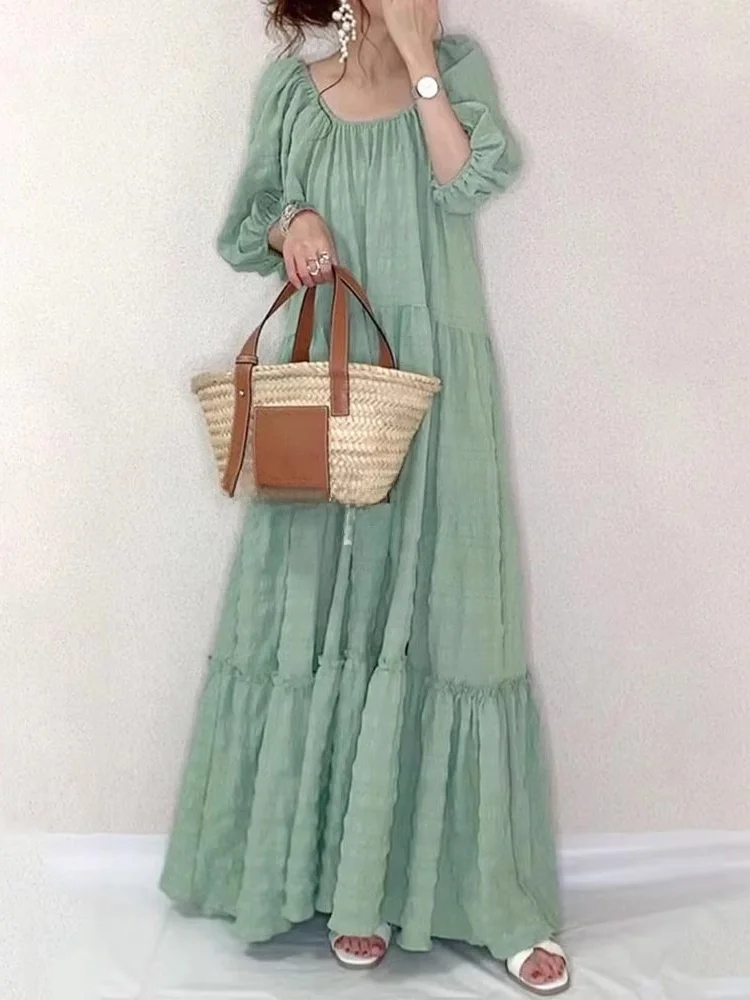 

Style Loose Square Collar Bubble Sleeve Dress Women Summer Floor Length A-Line Dress Rouje Kefss Commute Style Long Dress