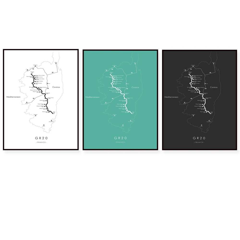 Mapa de seguimiento GR20 |   Cartel del rastro GR20 |   Corsica Senderismo |   Relive tus aventuras |   Arte del mapa del rastro